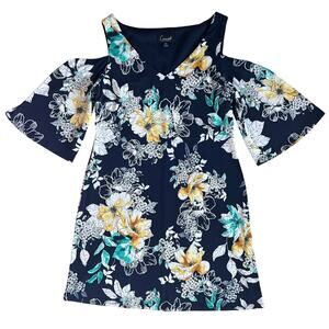 Connected Apparel Floral Print Dress Flowy Midi Dress Size 12 Navy Blue White